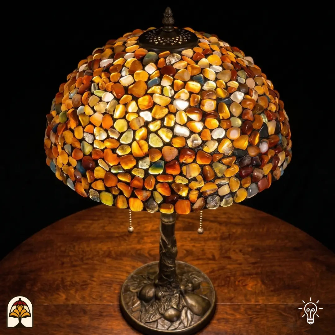 Verlichte Tiffany tafellamp Stone Mosaic Amber ⌀40 cm op een houten tafel – warm diffuus licht door de kap van amberkleurige natuurstenen