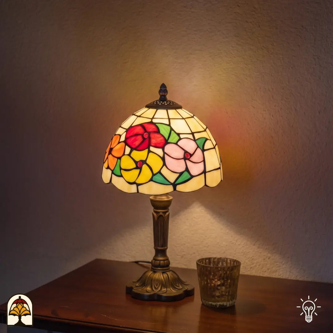 Verlichte Tiffany lamp tafellamp Roseto Vivace ⌀20 cm in interieur – crème kap met rode, oranje en roze rozen, bronzen voet, warm licht