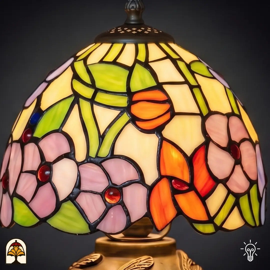 Close-up verlichte kap Tiffany tafellamp Amber Flora Classic ⌀20 cm – roze en amber bloesemmotieven in glas-in-lood