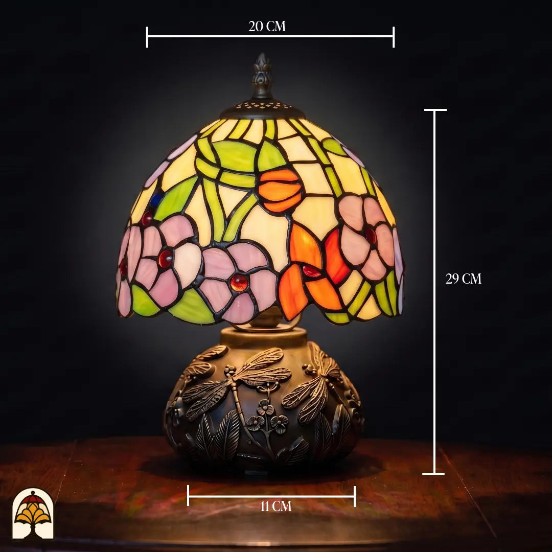 Maatafbeelding Tiffany tafellamp Amber Flora Classic ⌀20 cm – 20 cm breed, 38 cm hoog, bronzen libelle-voet