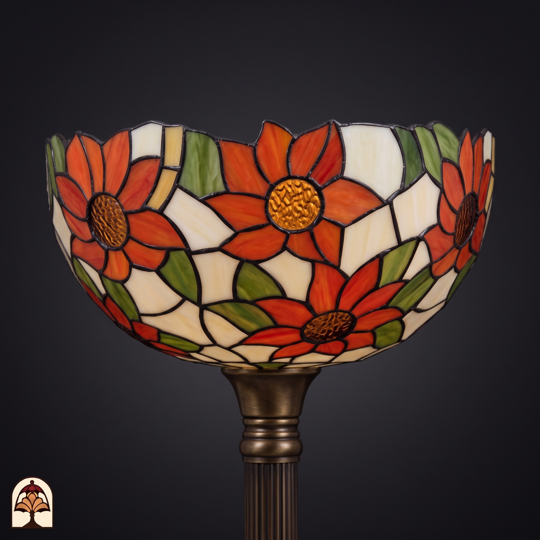 Tiffany vloerlamp Solea Uplighter ⌀30 cm – close-up zonnebloemen in oranje, crème en groen glas