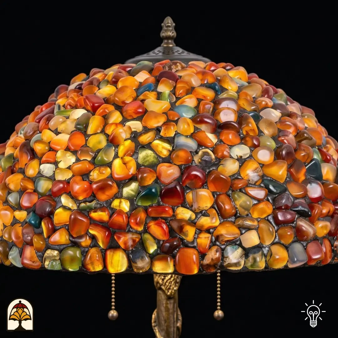 Close-up verlichte kap Tiffany tafellamp Stone Mosaic Amber ⌀40 cm – honderden gepolijste stenen in amber, oranje, rood en sienna onder een bronzen dennenappelknop