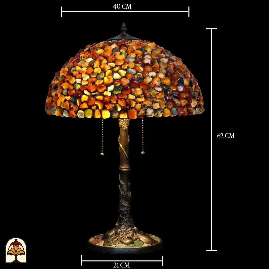 Maatafbeelding Tiffany tafellamp Stone Mosaic Amber – kapdiameter 40 cm, totale hoogte 62 cm, voetdiameter 21 cm