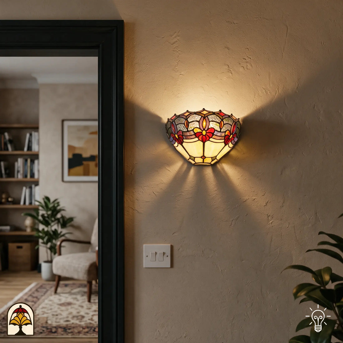 Tiffany wandlamp Giglio Rubino in sfeervol interieur bij de deur - De Sierkamer