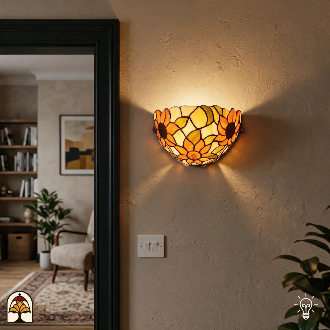 Tiffany wandlamp Solea Girasole in sfeervol interieur bij de deur - De Sierkamer