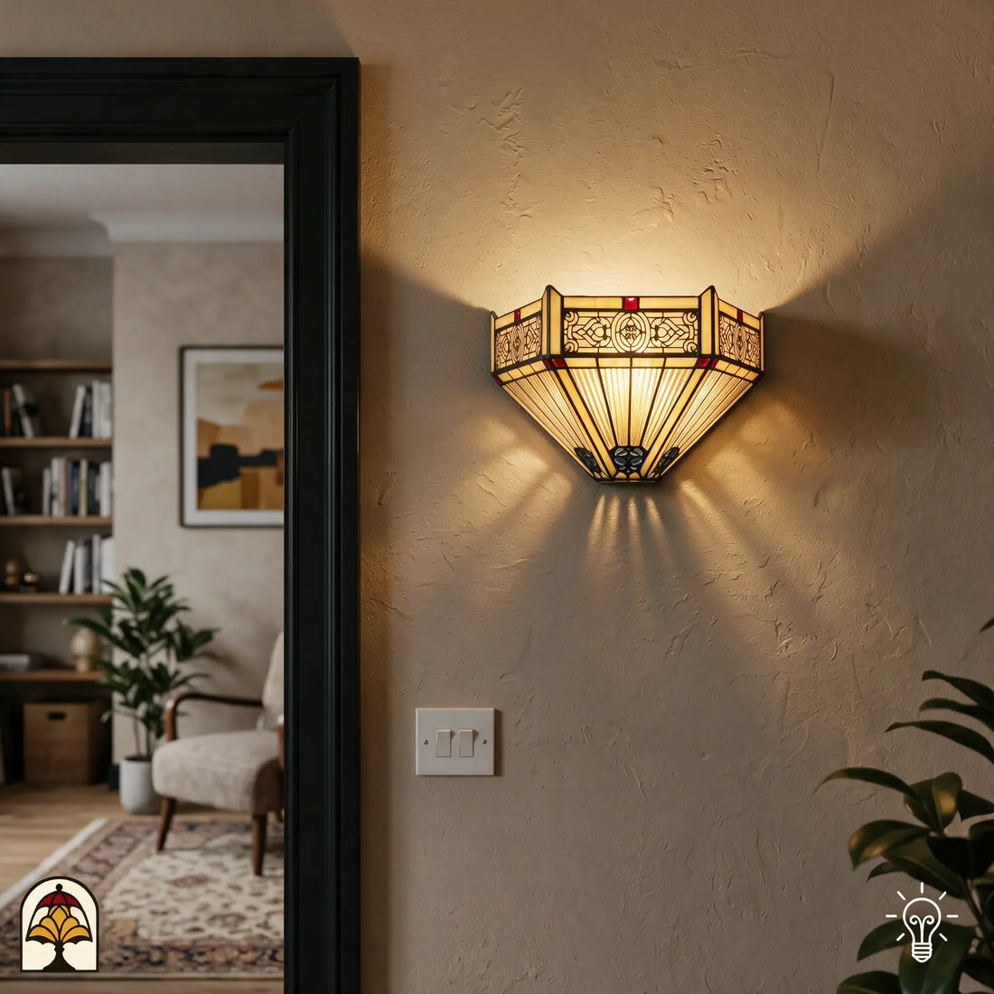 Tiffany wandlamp Lumina Geometrica in sfeervol interieur bij de deur - De Sierkamer