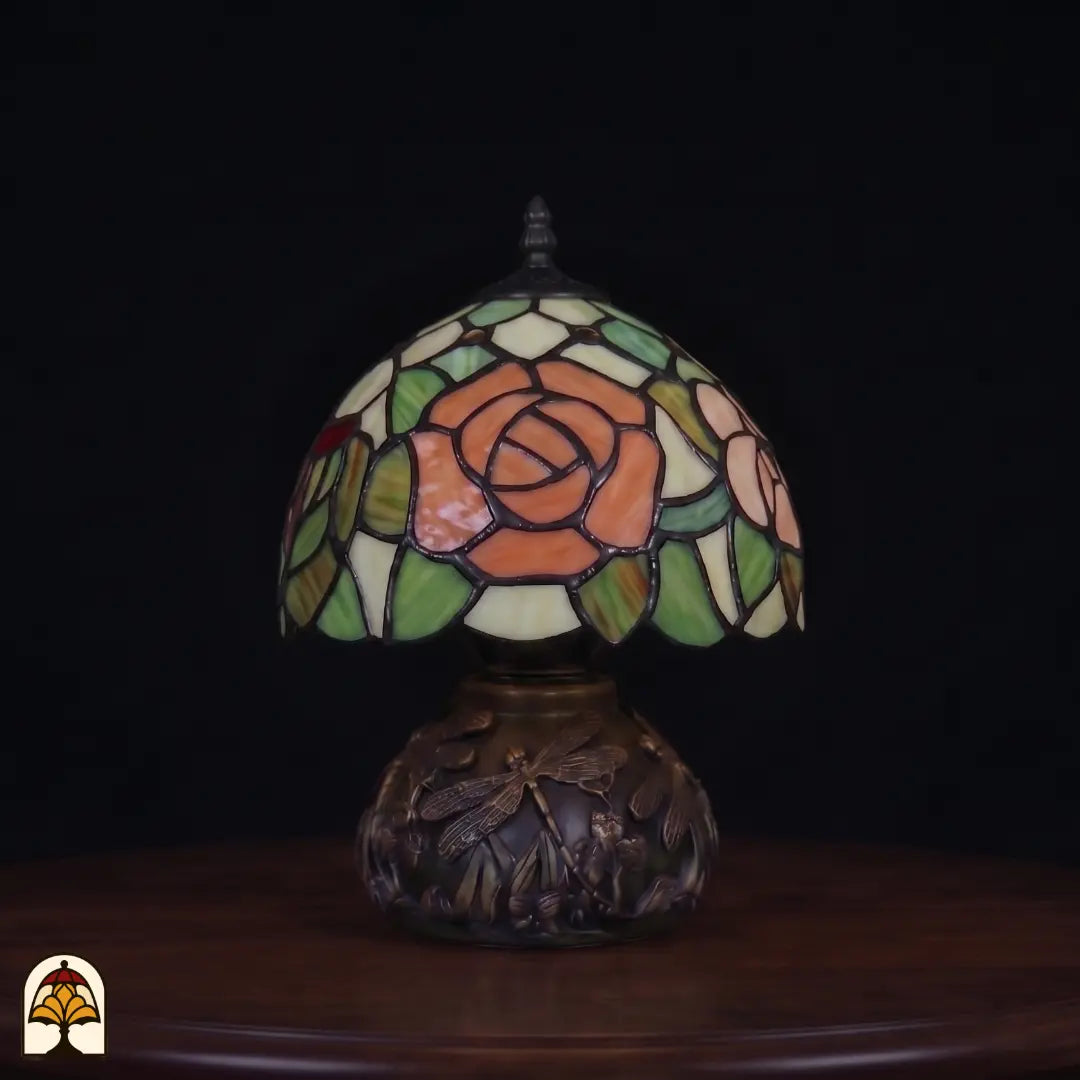 Tiffany tafellamp Silvae Rosea ⌀20 cm onverlicht – daglichtkleuren oranje en groen