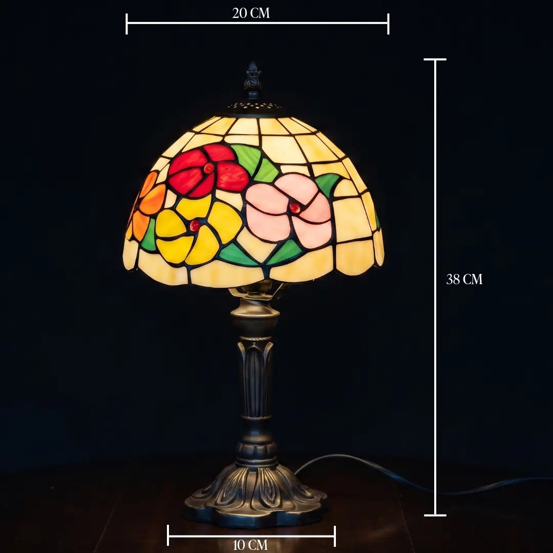 Tiffany tafellamp Roseto Vivace met afmetingen: 20 cm breed