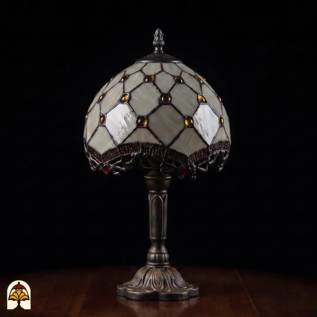Onverlichte Tiffany lamp tafellamp Reticolo d'Oro ⌀20 cm – crème kap met bruine juwelen, daglichtkleuren