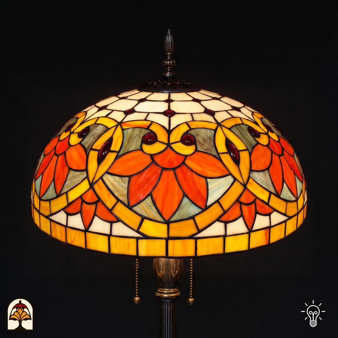 Tiffany vloerlamp Fiorella d'Oro ⌀50 cm – verlichte kap van onderaf, gloeiend oranje en geel glas met trekkettingen