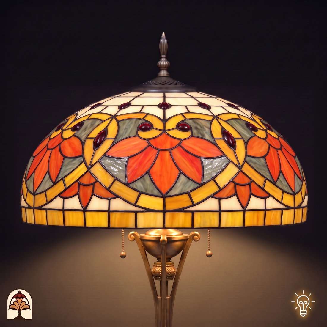 Tiffany vloerlamp Fiorella d'Oro ⌀50 cm – close-up verlichte kap, oranjerode bloemen, amberkleurige slingers en robijnrode juwelen