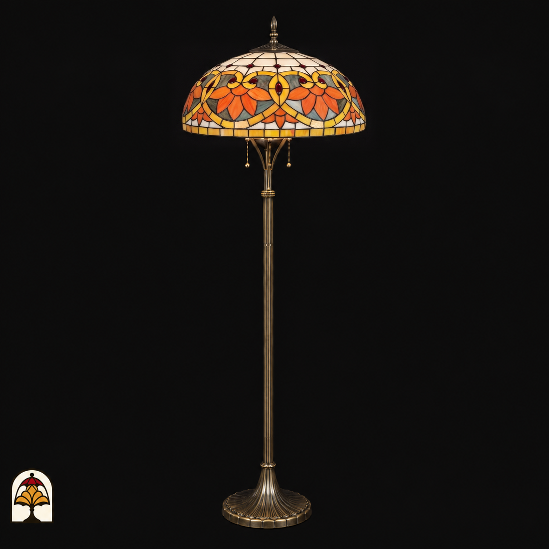 Tiffany vloerlamp Fiorella d'Oro ⌀50 cm – uitgeschakeld, bloemenkap in oranje, rood en crème op slanke bronzen voet