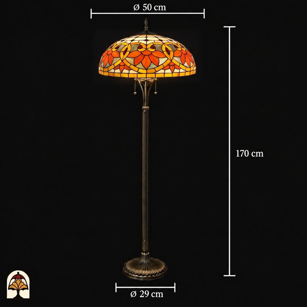 Tiffany vloerlamp Fiorella d'Oro ⌀50 cm – maatafbeelding: kap ⌀50 cm, hoogte 170 cm, voet ⌀29 cm