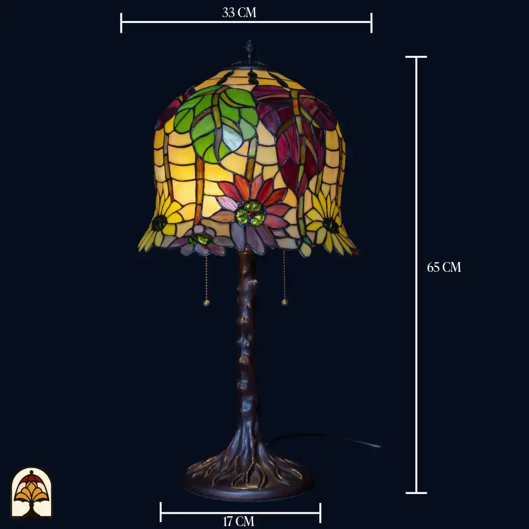 Maatafbeelding Tiffany tafellamp Luminosa — kapdiameter ⌀33 cm, totale hoogte 65 cm, voetdiameter 17 cm