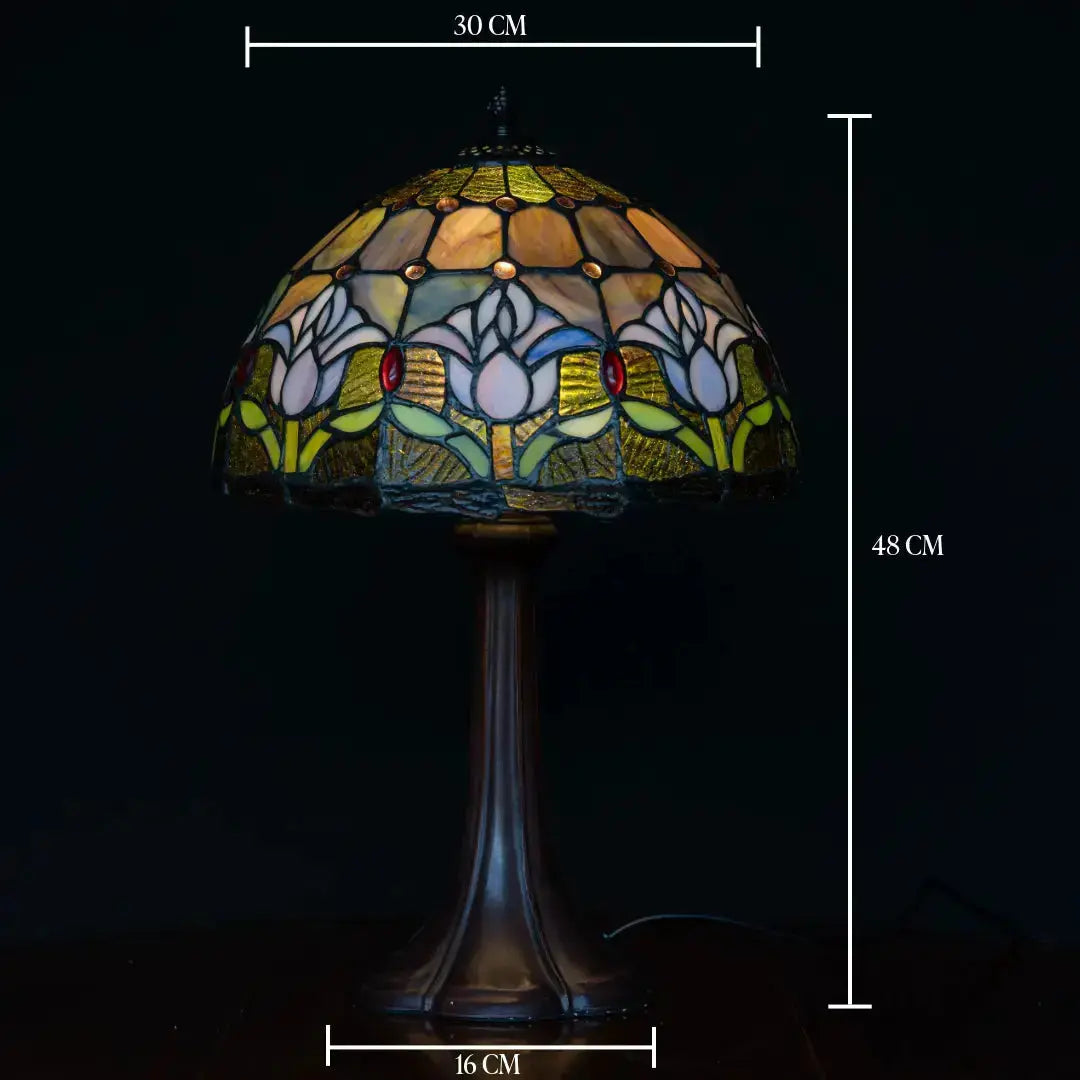 Maatafbeelding Tiffany lamp tafellamp Tulipa Lilac Sereno – kap ⌀30 cm op bronzen kolomvoet