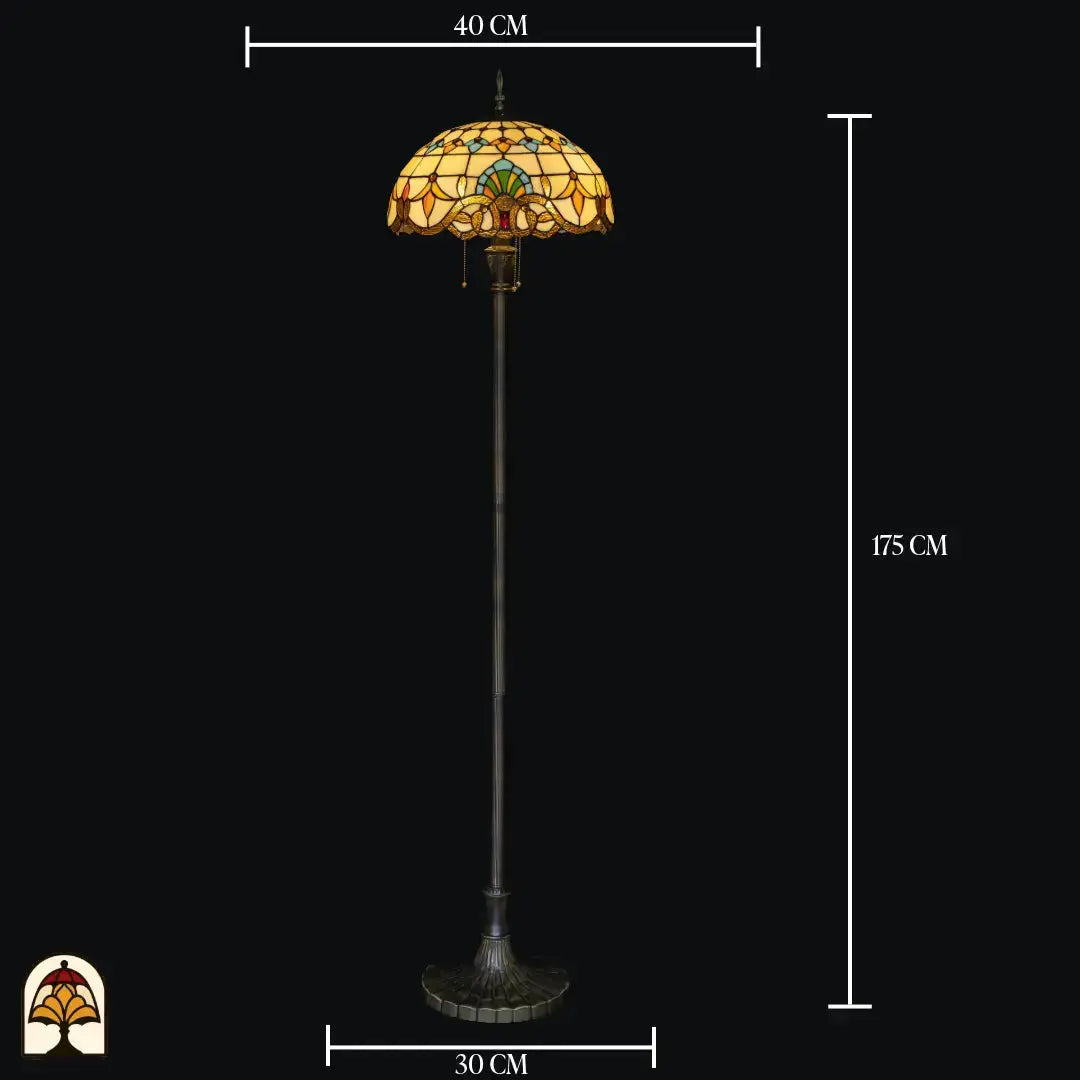 Tiffany vloerlamp Barok volledig op zwarte achtergrond — kapdiameter ⌀40 cm, totale hoogte 175 cm, voetdiameter 30 cm