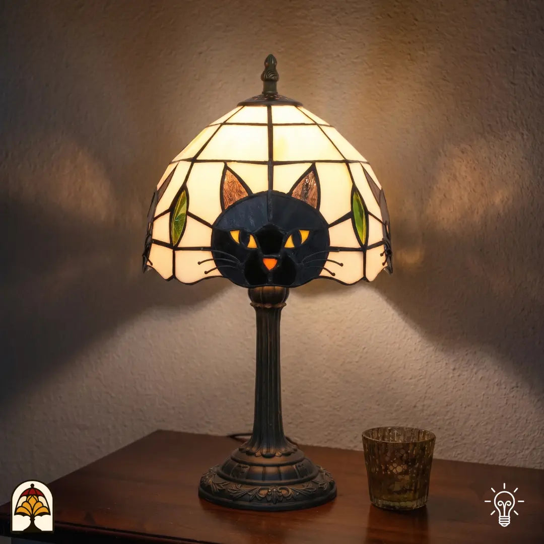 Tiffany kattenlamp Gatto Nero op houten bijzettafel in sfeervol interieur
