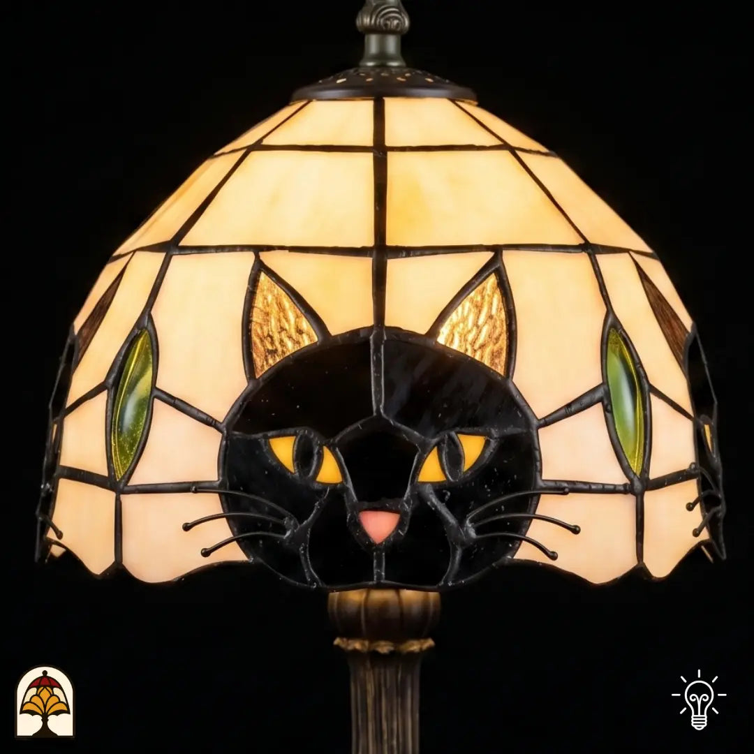 Detail van de glas-in-lood kap met kattengezicht, gouden ogen en groene blaadjes