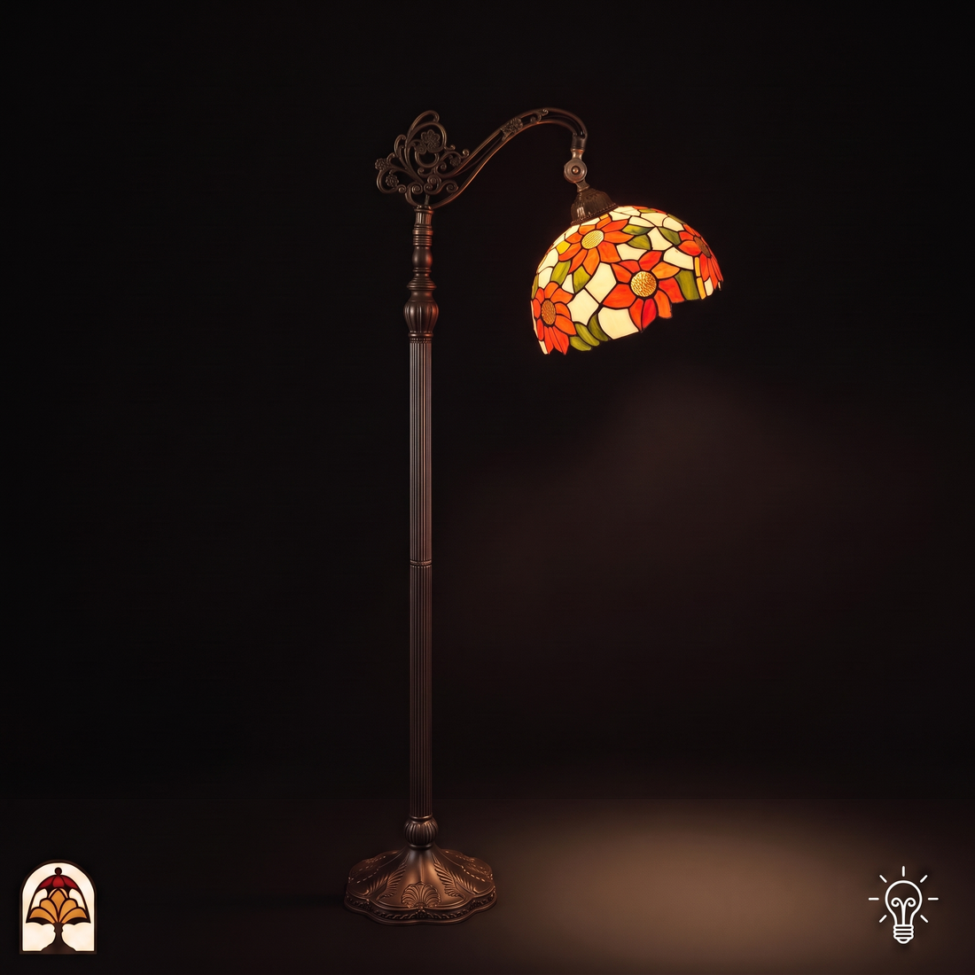 Tiffany vloerlamp Solea Leeslamp ⌀30 cm – verlicht, boogvloerlamp met oranje zonnebloemen in glas-in-lood kap