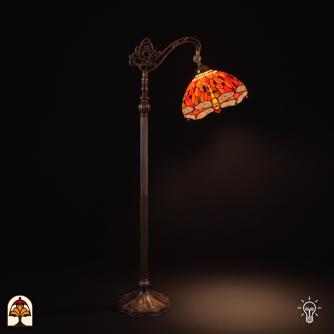 Tiffany vloerlamp Libellula Fiamma ⌀30 cm – verlicht, oranje libellen in glas-in-lood kap op bronskleurige voet
