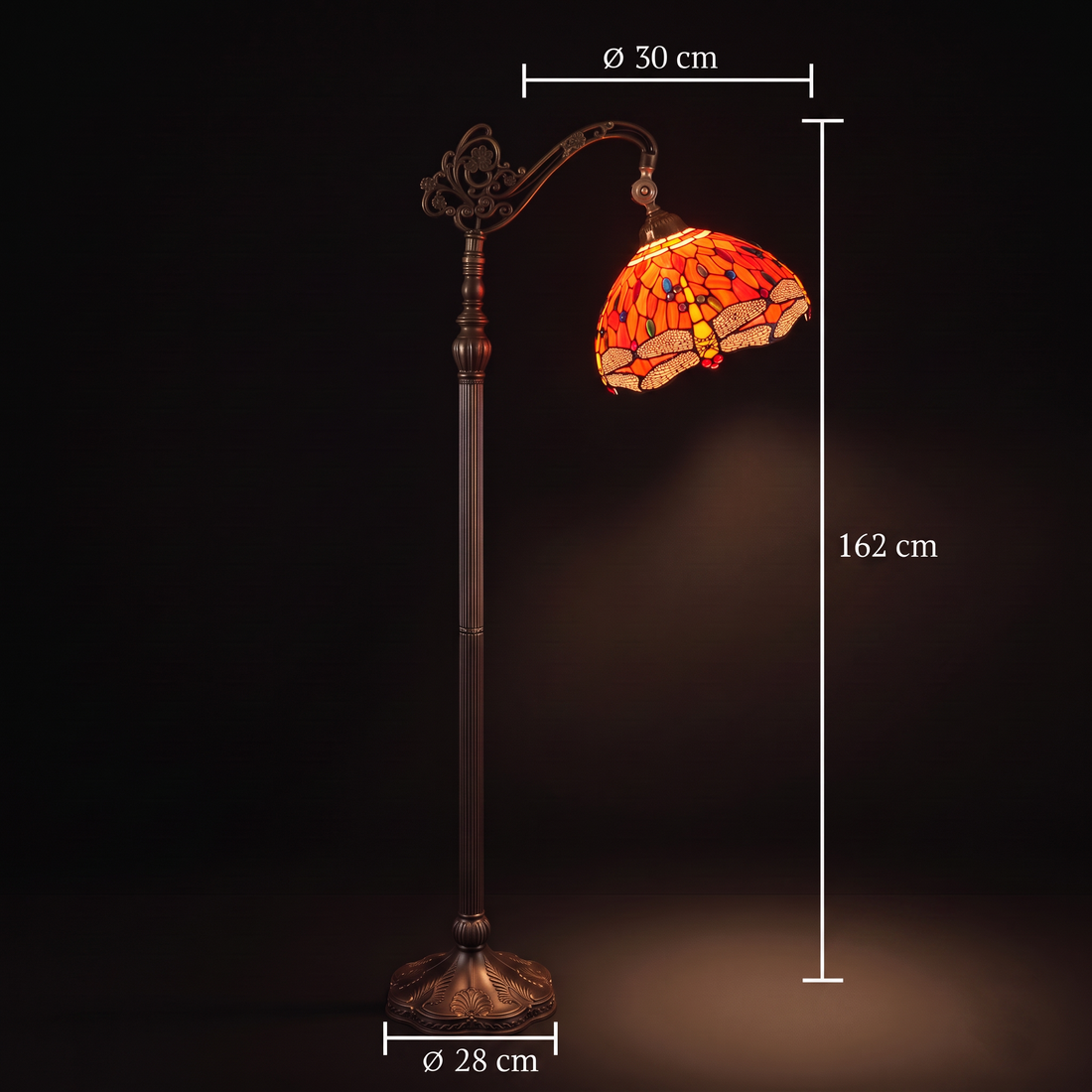Tiffany vloerlamp Libellula Fiamma ⌀30 cm – maatafbeelding: kap ⌀30 cm, hoogte 162 cm, voet ⌀28 cm