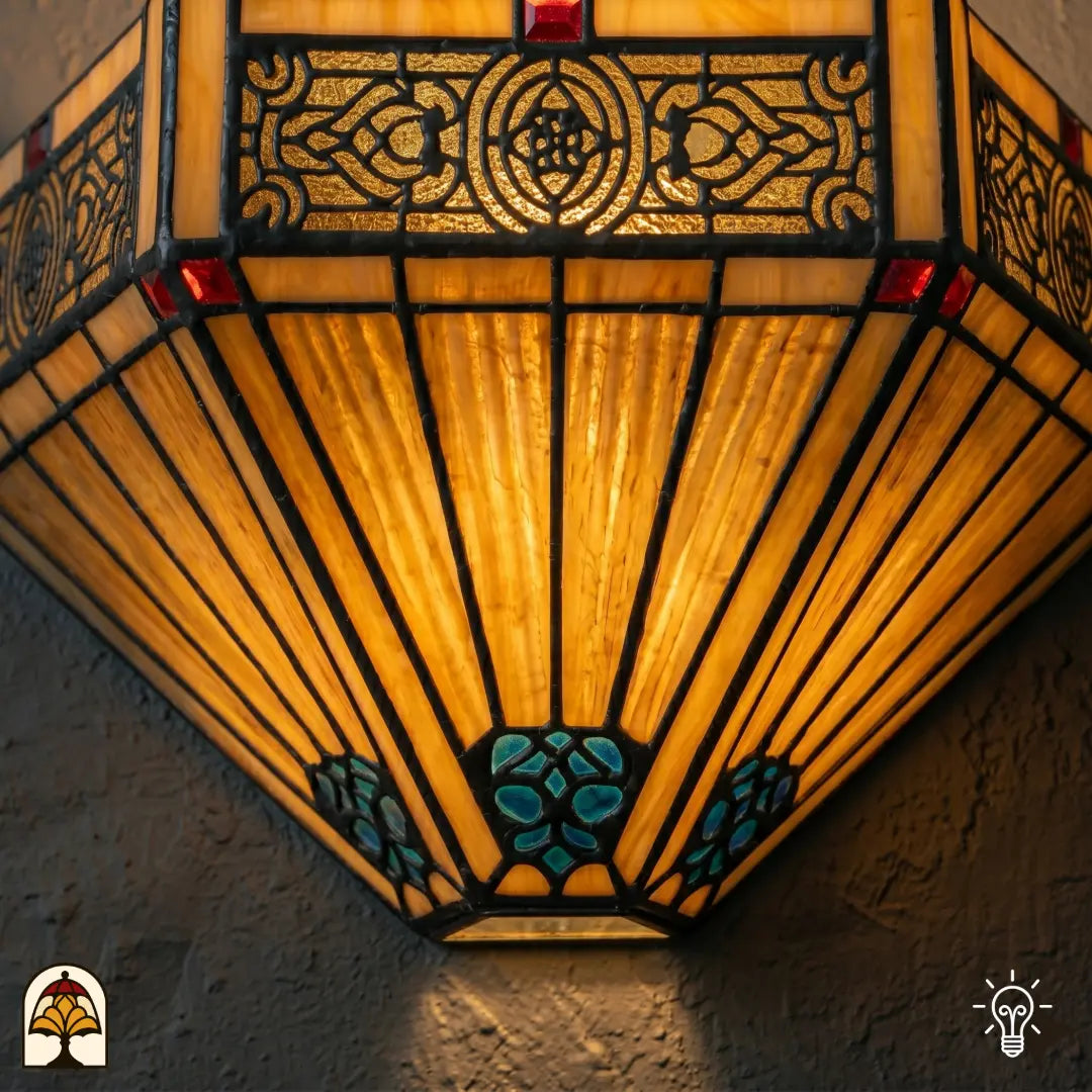 Tiffany wandlamp Lumina Geometrica in interieur – warm geel lichtspel op muur