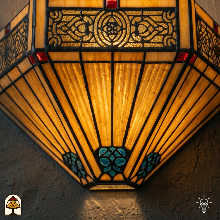 Tiffany wandlamp Lumina Geometrica in interieur – warm geel lichtspel op muur