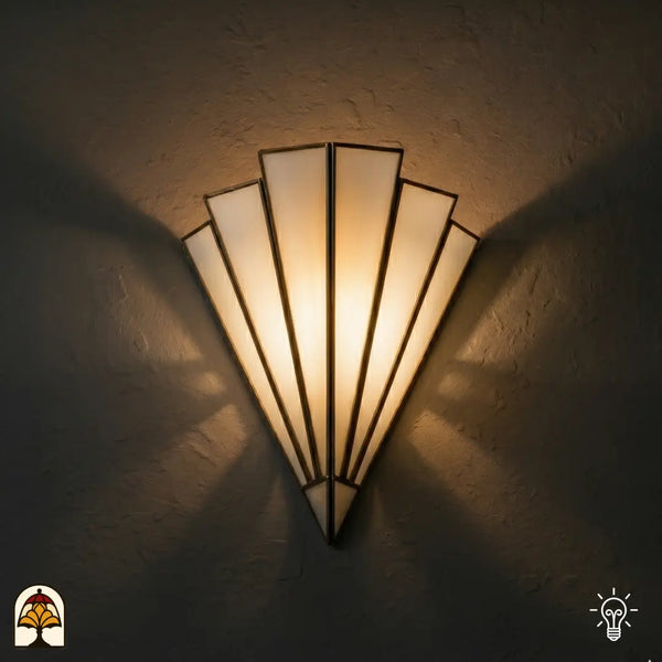 Tiffany wandlamp Ventaglio Avorio verlicht op muur – Art Deco waaiervorm in crèmewit glas