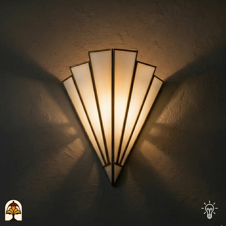 Tiffany wandlamp Ventaglio Avorio verlicht op muur – Art Deco waaiervorm in crèmewit glas