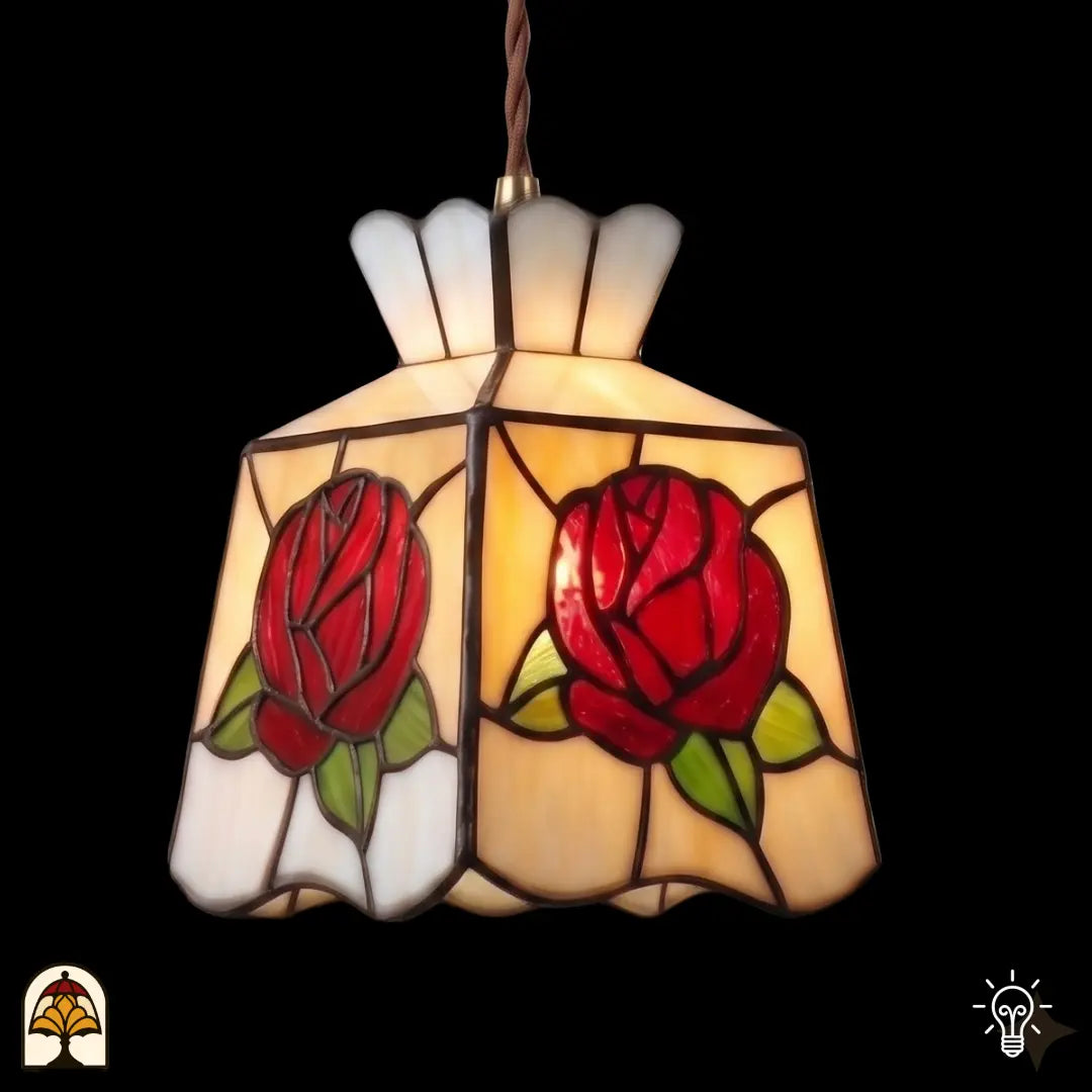 Tiffany hanglamp Rosa Romantica in interieur verlicht – sfeer met warme gloed van glas-in-lood