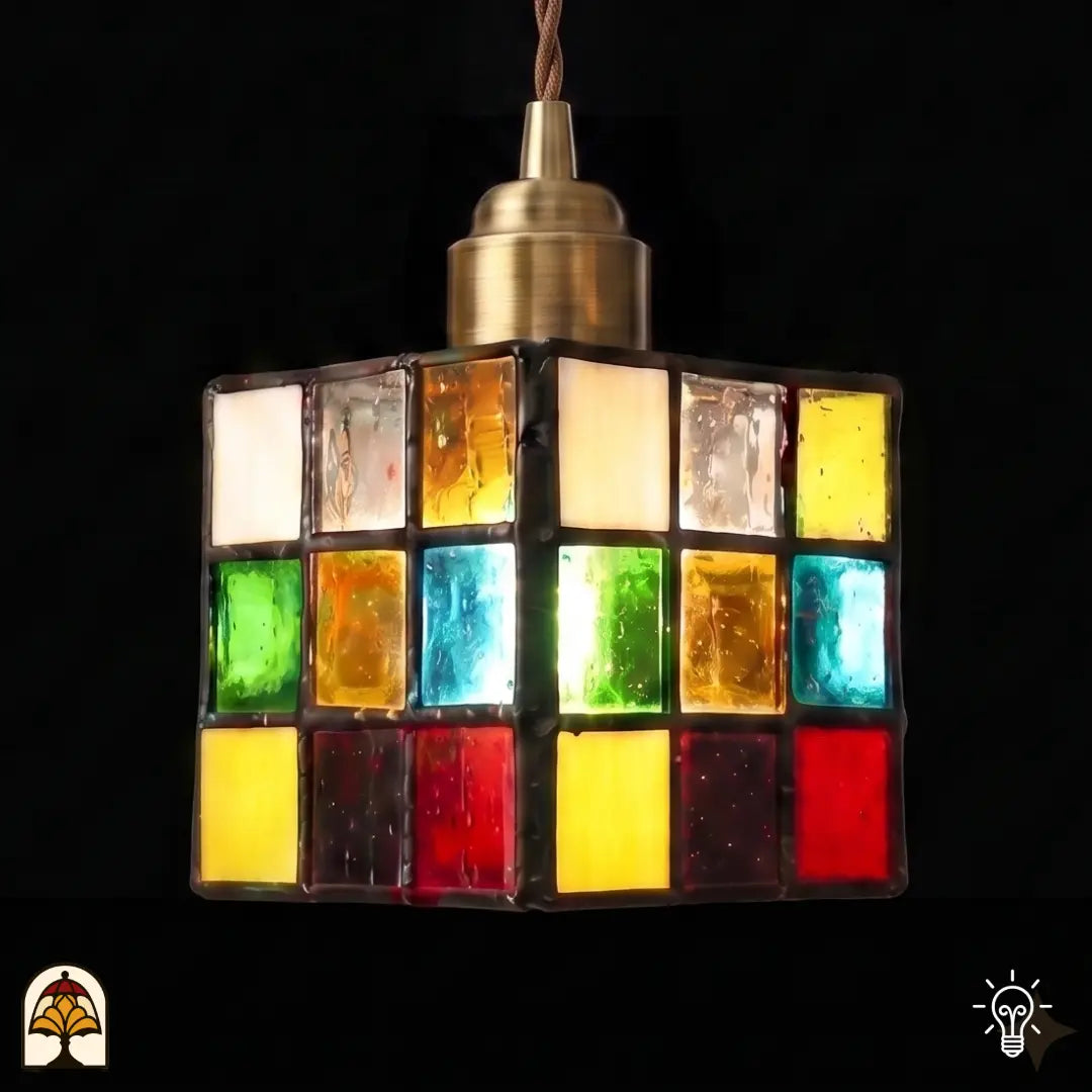Tiffany hanglamp Cubo Colorato in interieur verlicht – kleurrijke kubus met sfeervolle uitstraling