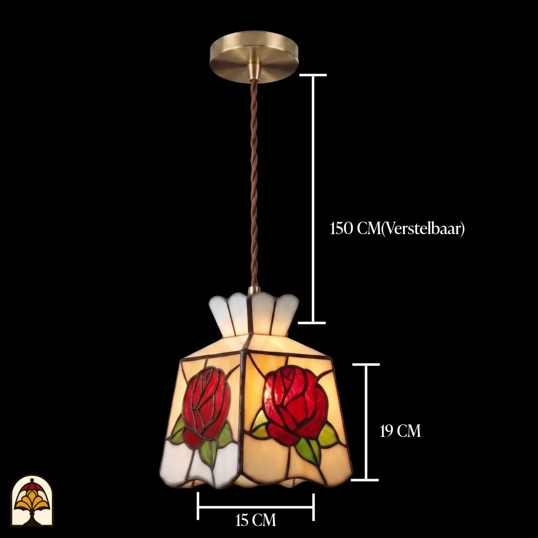 Tiffany hanglamp Rosa Romantica met messing plafondrozet en gevlochten snoer