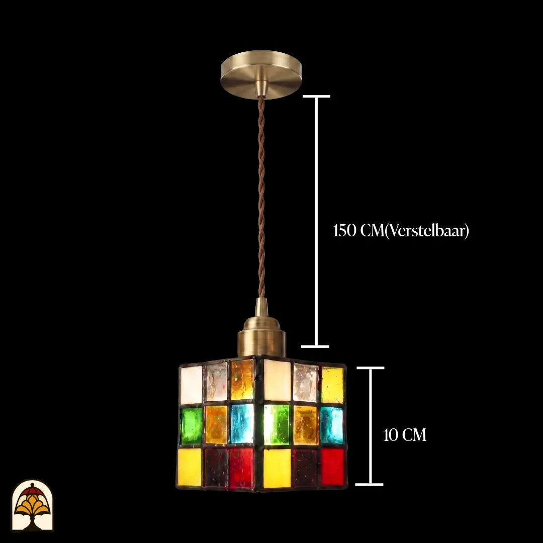 Tiffany hanglamp Cubo Colorato met messing plafondrozet – totaaloverzicht ophangconstructie